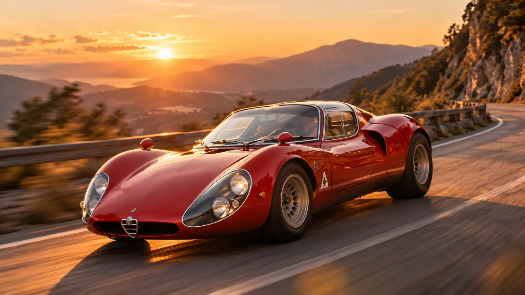 El 33 Stradale rojo tomando una curva de montaña al atardecer, con el mar al fondo.