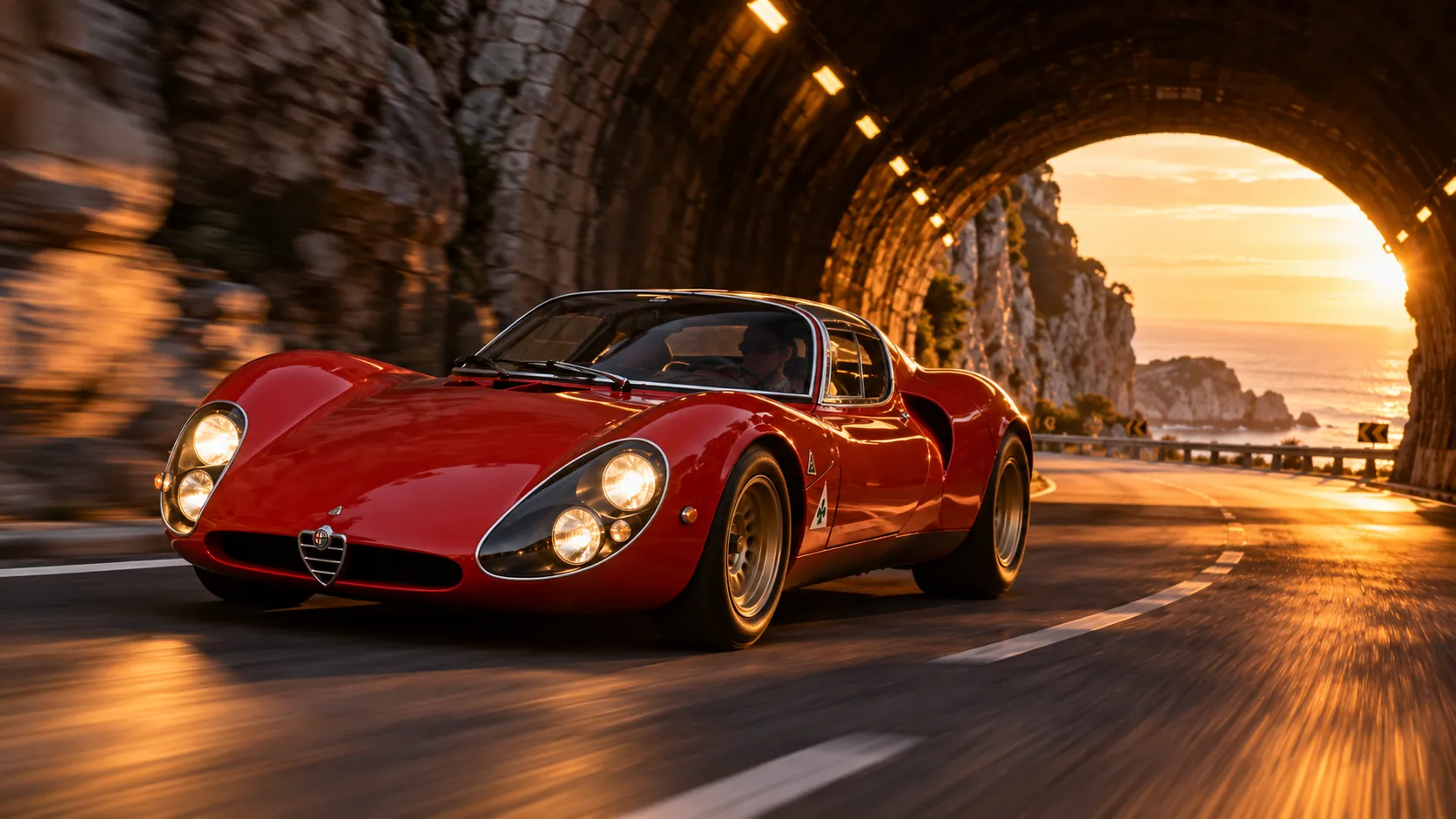 El 33 Stradale con los faros encendidos saliendo de un túnel de piedra hacia la costa al atardecer.